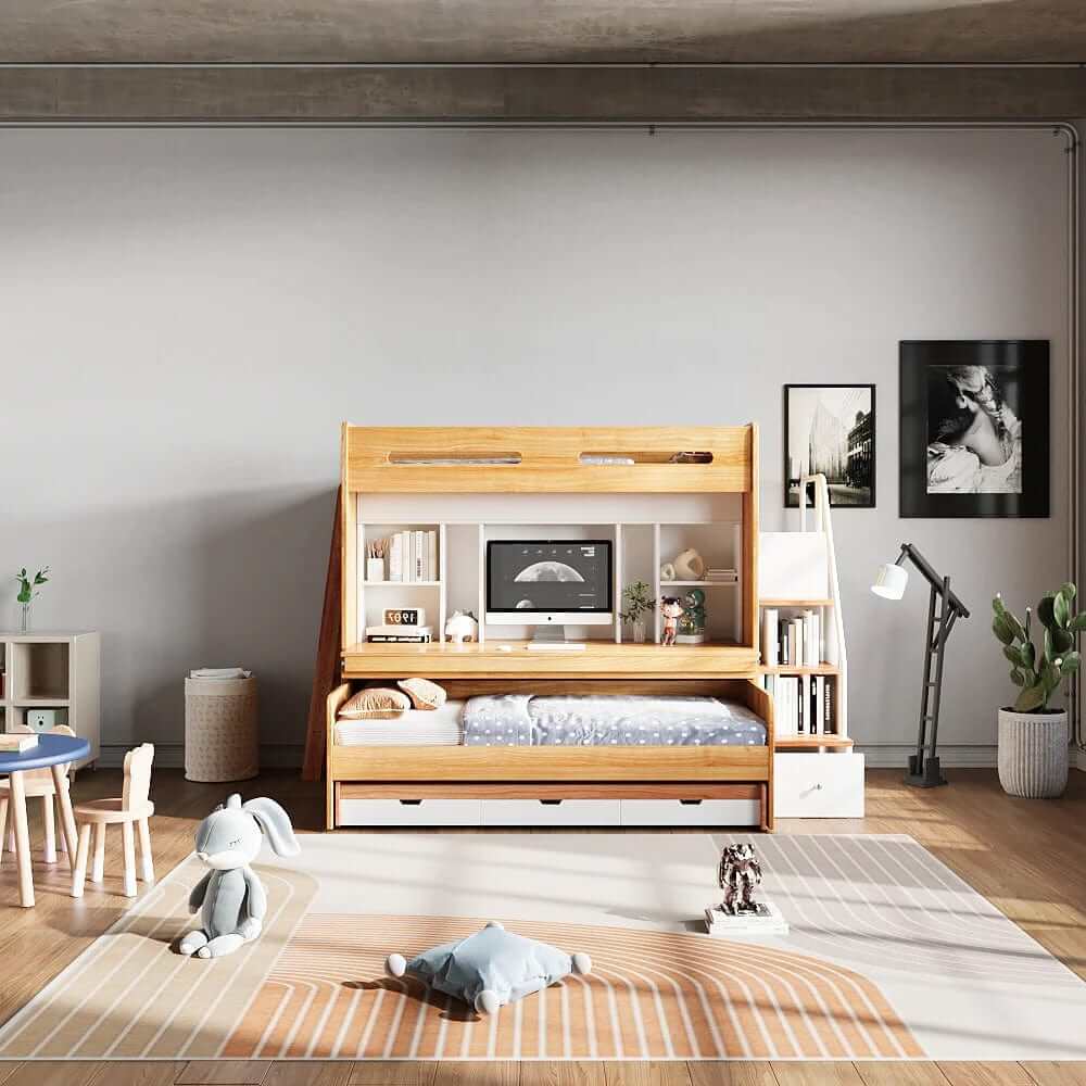 MO Loft Bed with desk, storage, ladder, trundle bed | Multifunctional High Sleeper for Small Bedroom | EzSpace