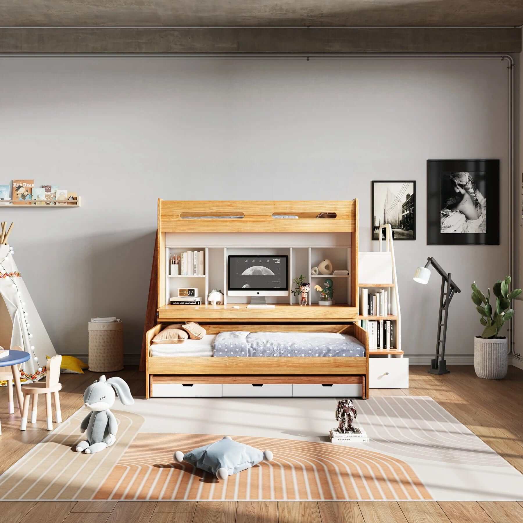 MO Loft Bed with desk, storage, ladder, trundle bed | Multifunctional High Sleeper for Small Bedroom | EzSpace