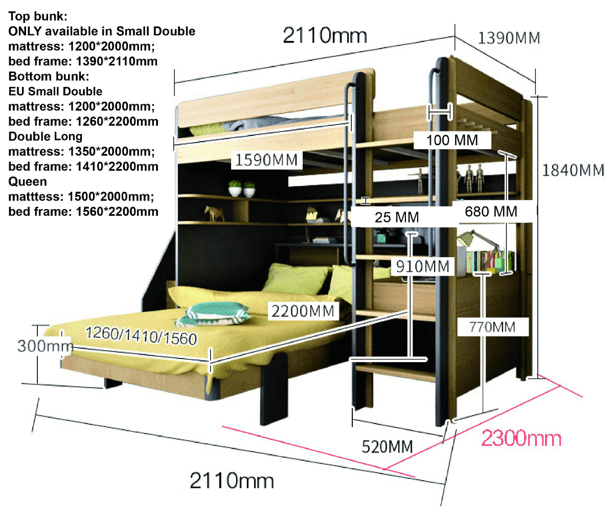 Bunk bed online size in mm